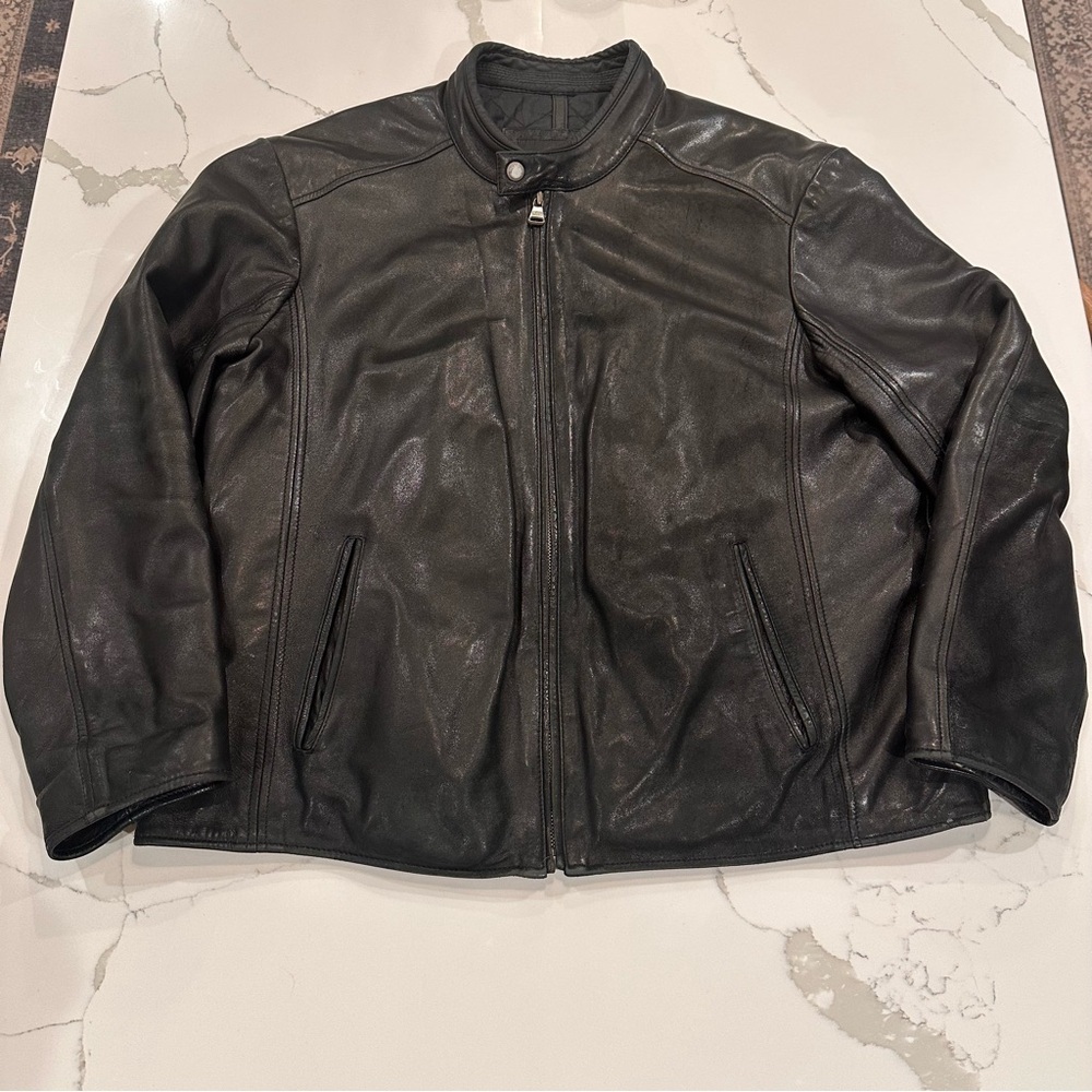 Marc New York Black Leather Moto Jacket Mens XXL Quilted Lined Bomber Mock Neck